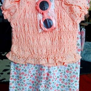NWT Little Lass Coral Eyelet Top with Floral Pants
